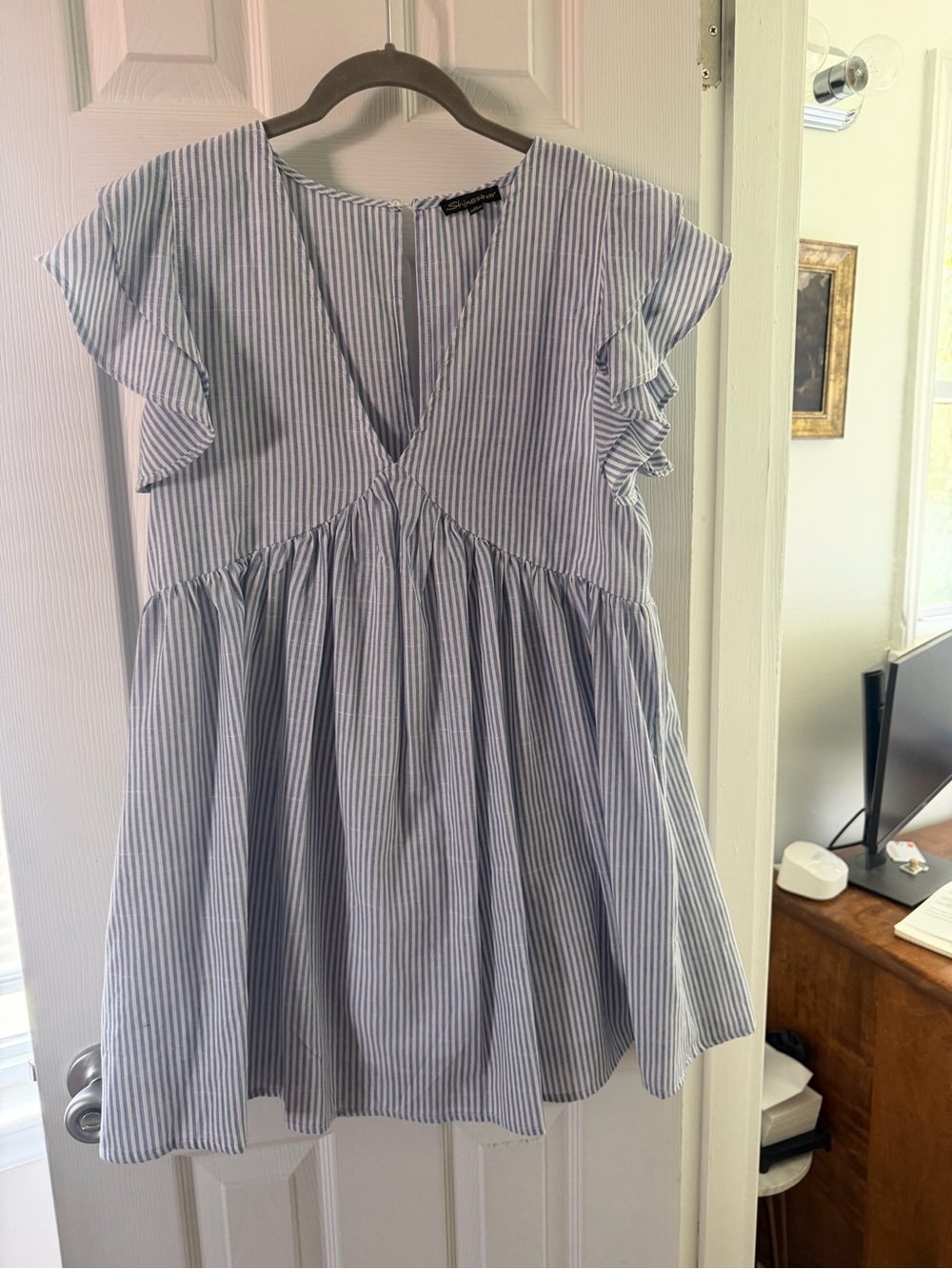 Blue and White Striped Flutter Sleeve Babydoll Top